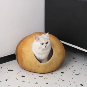 17.7" Orange Handmade Wool Cat Bed Cave with Mouse Toy