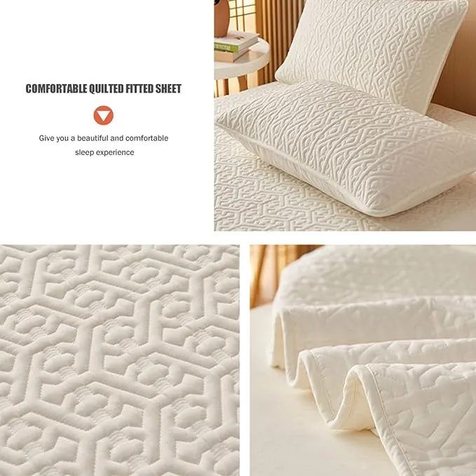 Anyhouz Mattress Cover Beige Queen Size Pure Cotton Soft Quilted Bed Sheet Anti-bacterial Protector Cover