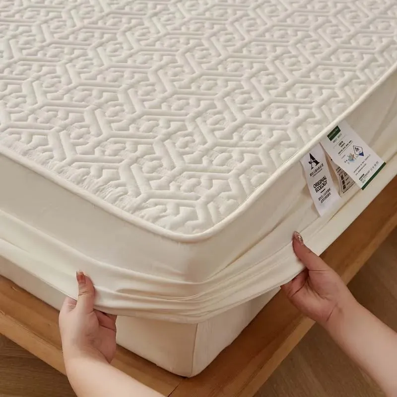 Anyhouz Mattress Cover Beige Queen Size Pure Cotton Soft Quilted Bed Sheet Anti-bacterial Protector Cover