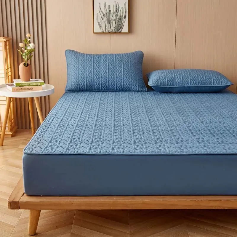 Anyhouz Mattress Cover Blue Queen Size Pure Cotton Soft Quilted Bed Sheet Anti-bacterial Protector Cover