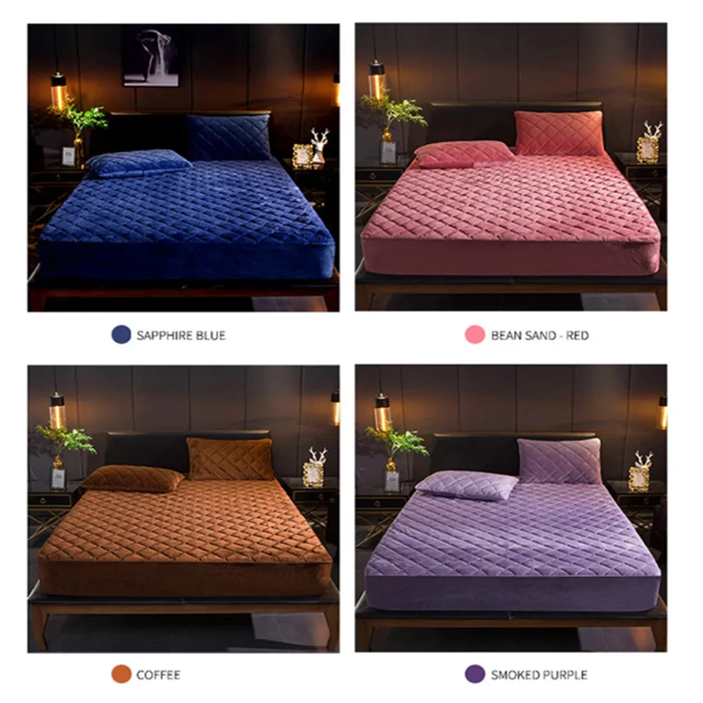 Anyhouz Mattress Cover Gray 140x200cm Crystal Velvet Thicken Quilted Warm Soft Plush Bed Sheet