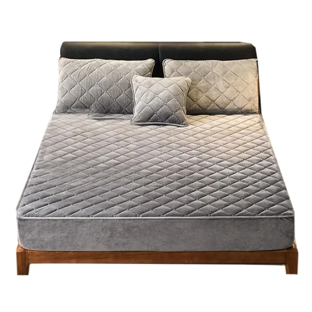 Anyhouz Mattress Cover Gray 140x200cm Crystal Velvet Thicken Quilted Warm Soft Plush Bed Sheet