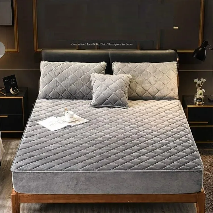 Anyhouz Mattress Cover Gray 140x200cm Crystal Velvet Thicken Quilted Warm Soft Plush Bed Sheet