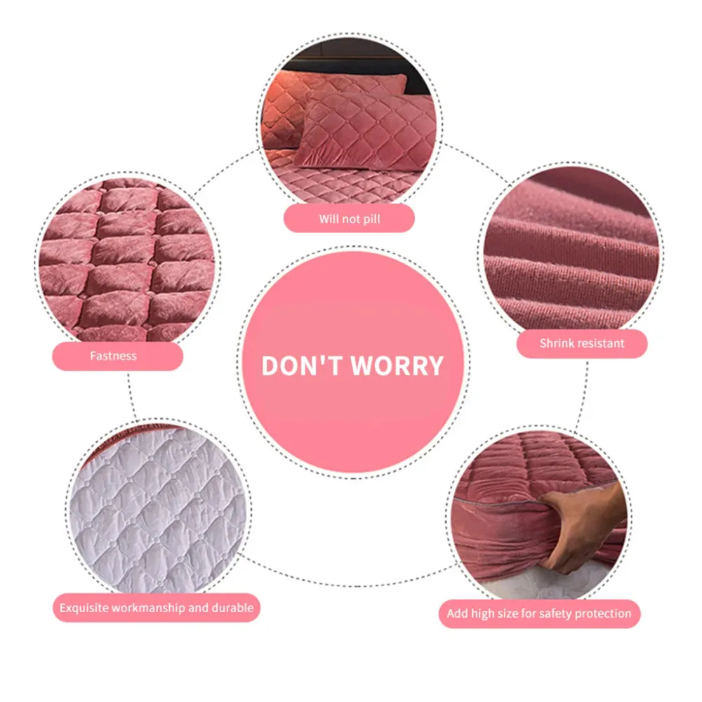 Anyhouz Mattress Cover Gray 140x200cm Crystal Velvet Thicken Quilted Warm Soft Plush Bed Sheet