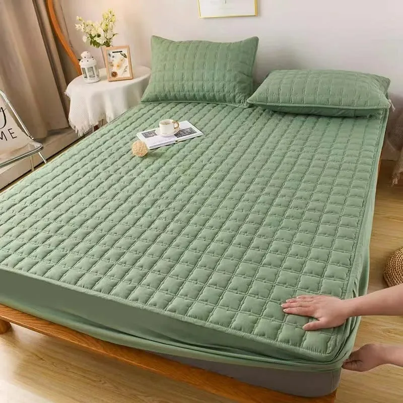 Anyhouz Mattress Cover Green Double Size Waterproof Quilted Fitted Bed Sheet