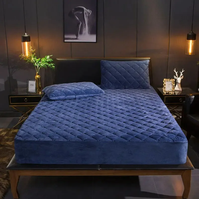 Anyhouz Mattress Cover Navy Blue 180x200cm Crystal Velvet Thicken Quilted Warm Soft Plush Bed Sheet