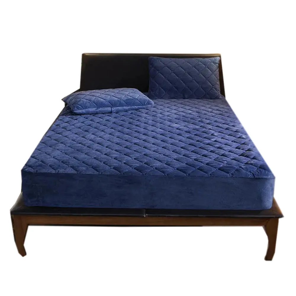 Anyhouz Mattress Cover Navy Blue 180x200cm Crystal Velvet Thicken Quilted Warm Soft Plush Bed Sheet