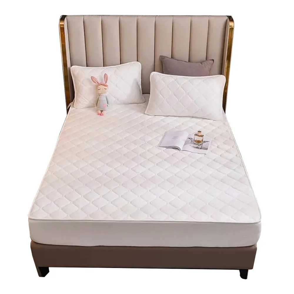 Anyhouz Mattress Cover Offwhite 200x200cm Crystal Velvet Thicken Quilted Warm Soft Plush Bed Sheet