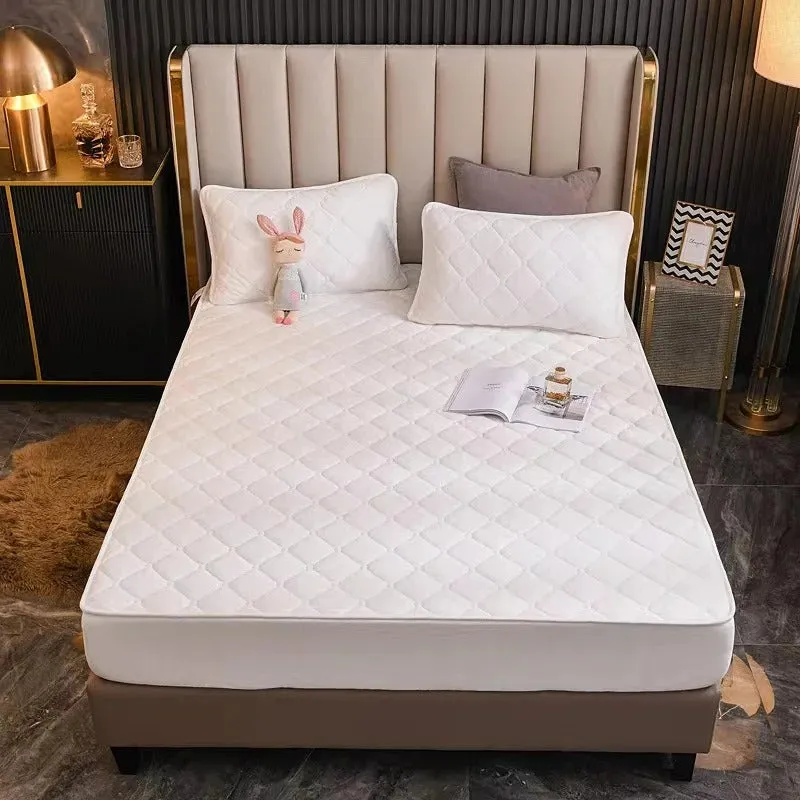 Anyhouz Mattress Cover Offwhite 200x200cm Crystal Velvet Thicken Quilted Warm Soft Plush Bed Sheet
