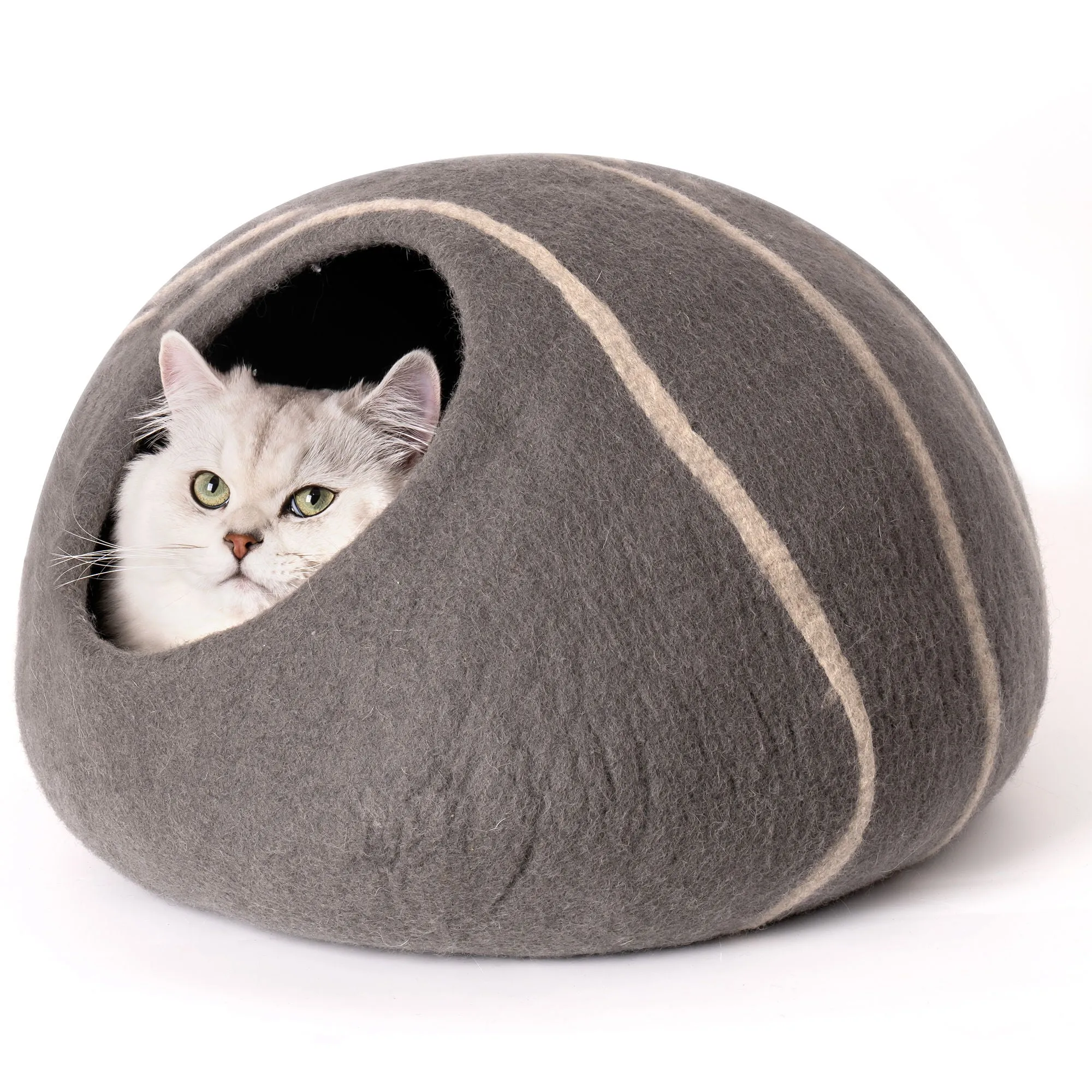 Cat Cave Bed - Handmade Wool Cat Bed Cave With Mouse Toy - Gray