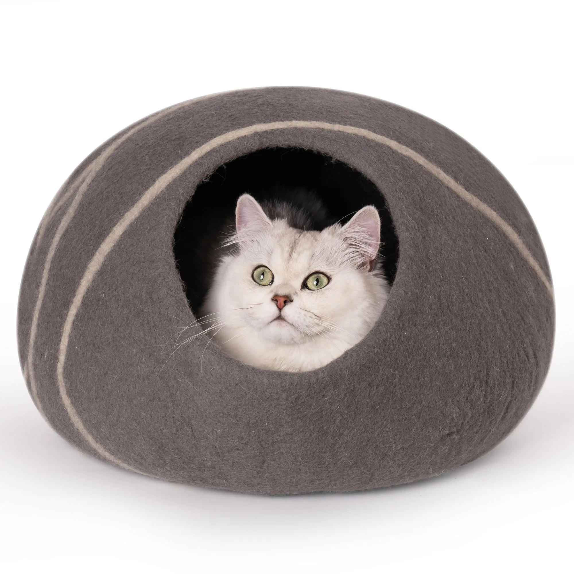 Cat Cave Bed - Handmade Wool Cat Bed Cave With Mouse Toy - Gray