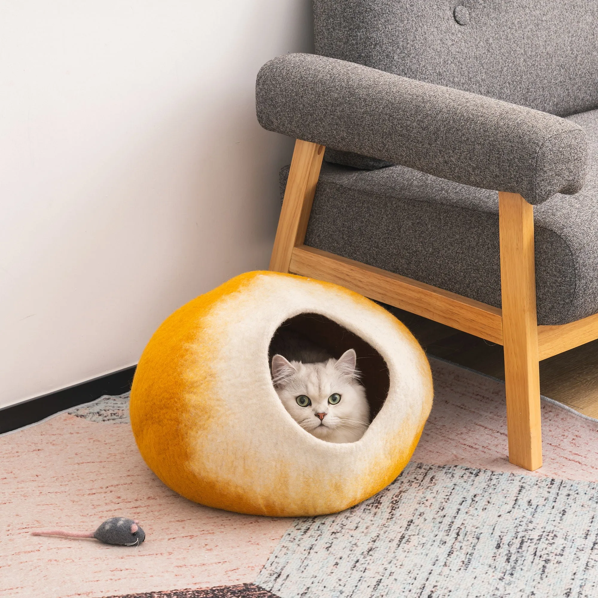 Cat Cave Bed Handmade Wool Cat Bed Cave With Mouse Toy - Orange