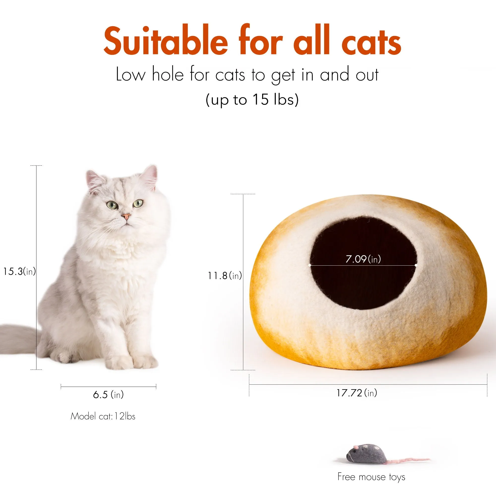 Cat Cave Bed Handmade Wool Cat Bed Cave With Mouse Toy - Orange