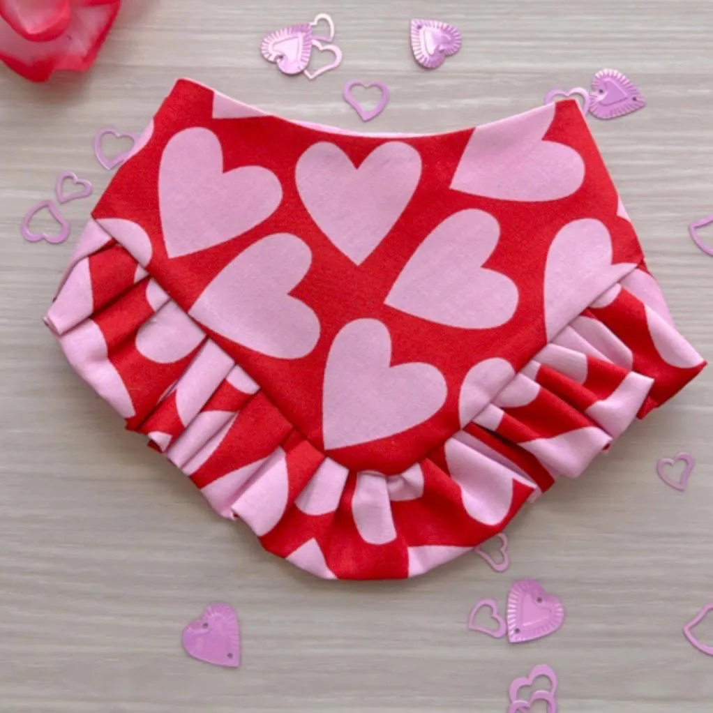 Pink Hearts Valentines Dog bandana with ruffles